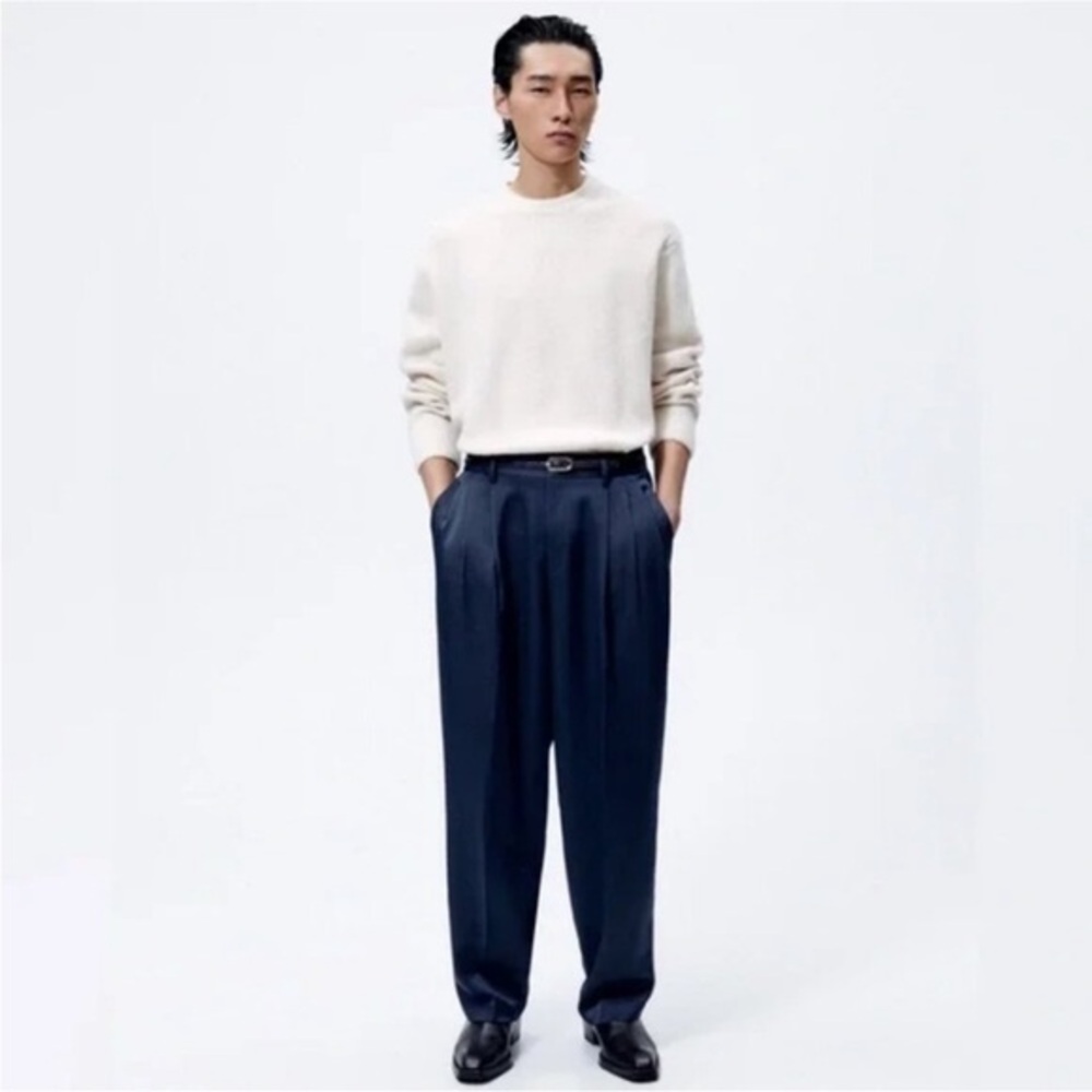 Zara Men’s Pleated Satin Navy Blue Trousers